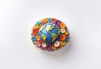 A blue globe surrounded by a ring of colorful flowers, set against a plain white background.