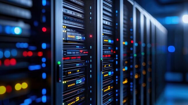 Close-up of data servers with colorful lights in a modern data center for cloud computing and data storage.