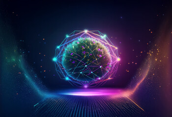 Obraz premium A glowing sphere of light, surrounded by a network of interconnected points, sits on a platform of light in a dark space.
