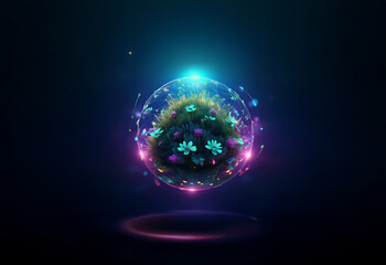A glowing sphere encased in a transparent shell, filled with flowers and greenery, floats against a dark background.