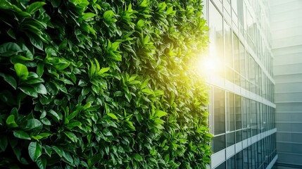 A vibrant green wall adorned with lush leaves, illuminated by sunlight, showcasing nature's beauty against a modern building.