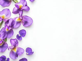A collection of vibrant purple flowers arranged artistically on a white background.