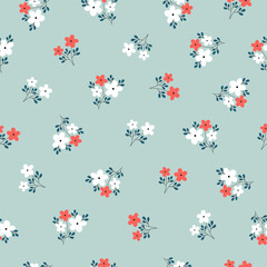 Seamless pattern with small flower on green background. Cute hand drawn floral pattern for your fabric, summer background, wallpaper, backdrop, textile. Vector illustration