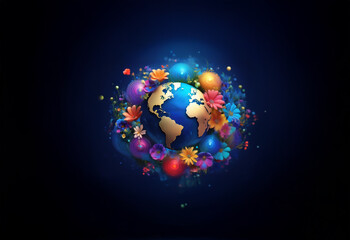 A glowing blue earth surrounded by a ring of colorful flowers and orbs against a dark blue background.