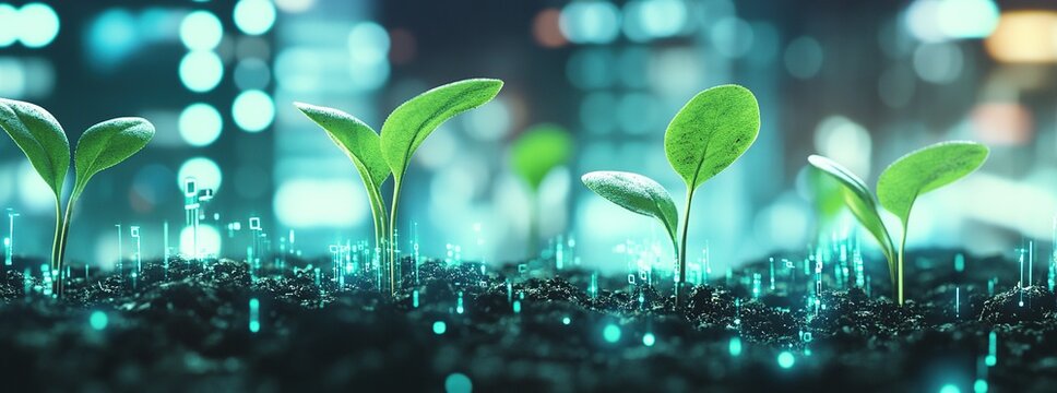 Green seedlings growing in rich soil with glowing digital code in the background.