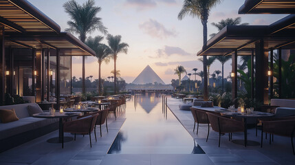 A Luxurious Outdoor Dining Area with Great Pyramid View at Twilight