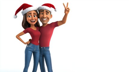 Fototapeta premium Joyful Young Couple in Christmas Hats with Beautiful Outfits in a 3D Rendered Cartoon Style on a White Background