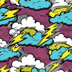 seamless pattern of retro pop art lightning bolts and clouds