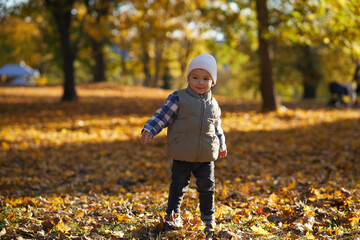 A toddler sits on autumn leaves, wearing a cozy beanie and warm vest, surrounded by fall foliage....