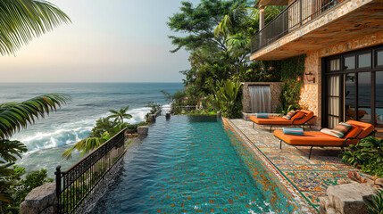 Obraz premium Infinity pool with retro charm overlooking ocean waves