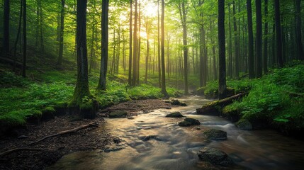 Obraz premium Sunbeams pierce through the mist in a lush, green forest, illuminating a tranquil stream flowing over rocks.