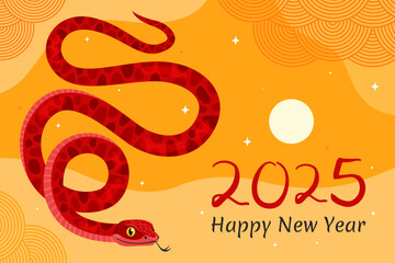 Happy 2025 New Year of the Snake, Lunar New Year or Chinese New Year. Red curved snake and full moon on a yellow background. Greeting card or banner. Zodiac animal cartoon character.