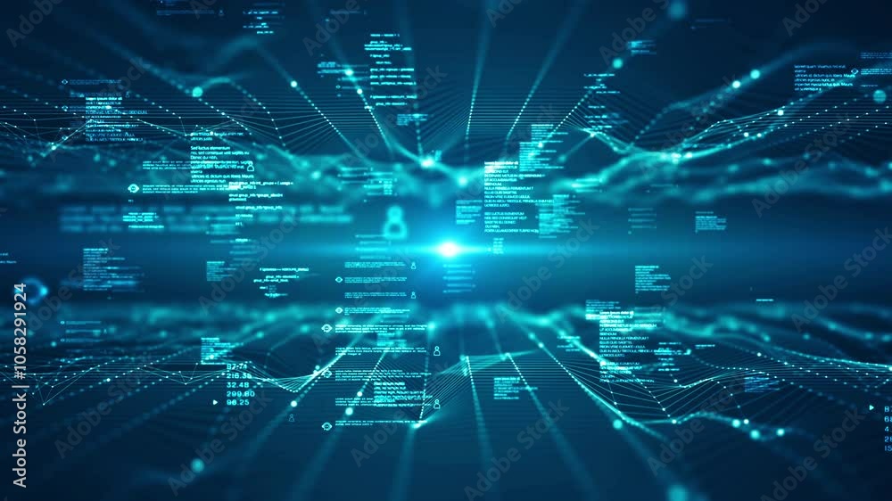 Poster technology big data network concept. motion of digital data flow. transferring of big data, block ch