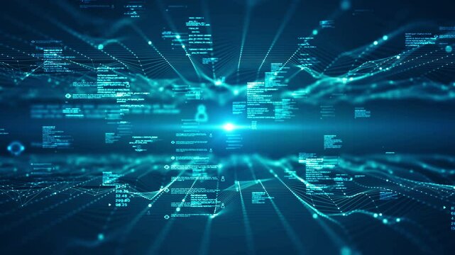 Technology big data network concept. Motion of digital data flow. Transferring of big data, block chain, Communication and technology network concept with particles and digital data connections.