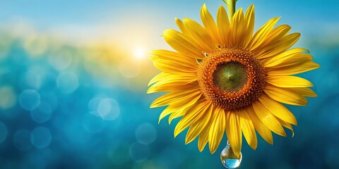 Obraz premium A small yellow sunflower with a single droplet of water hanging from its center, water, flowers