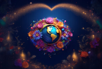 A glowing blue Earth surrounded by a vibrant floral wreath, with a heart-shaped shimmer of light above.