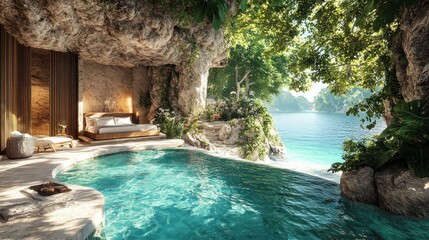 Serene cave retreat with a pool overlooking tranquil waters.