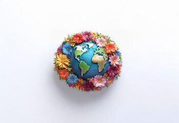 A blue and green globe surrounded by a wreath of colorful flowers on a white background.