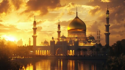 A grand mosque at sunset, the golden dome reflecting the warm evening light,