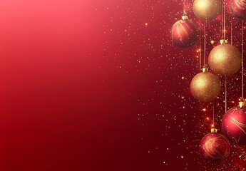  Christmas background with a red gift box and decorative elements on a red table, with space for text, copy space, banner, poster, and flat lay. Christmas card concept design