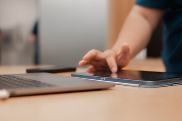 Concept of using technology in communication.Close-up A businessman working on his computer in the office
