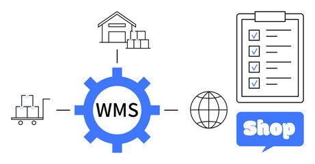 WMS concept with warehouse, checklist, globe, shop icon, and cart. Ideal for logistics, inventory management, supply chain, e-commerce, warehouse organization. Vector style, minimalistic design blue