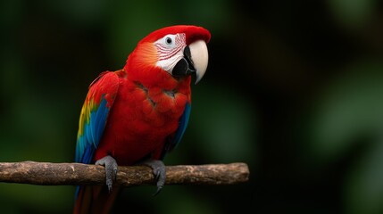 Obraz premium Close-up of a colorful parrot perched on a branch in a rainforest with copy space.