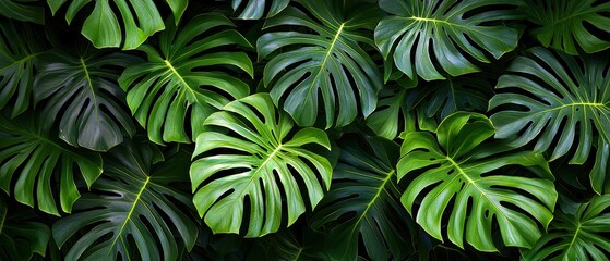 Lush green monstera leaves create a stunning backdrop with vibrant tropical vibes.