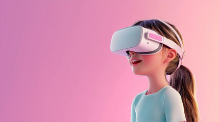 Virtual reality girl wearing headset, excited and immersed in digital world, showcasing technology and imagination