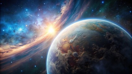 Obraz premium Astronomical view of a distant planet with a thick atmosphere, seismic activity, gas giant, stars