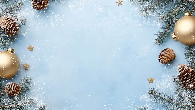 Christmas background with golden decorations, fir branches, and pine cones on a blue background. Christmas card template design for social media posts or banners