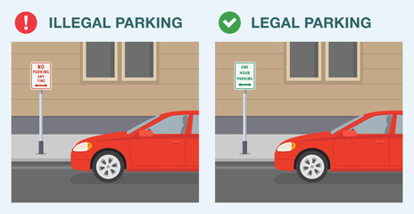 Fototapeta premium Safe driving tips and traffic regulation rules. Legal and illegal parking. No parking at any time sign area. Flat vector illustration template.