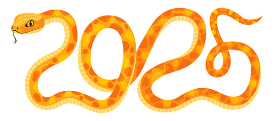 Cute yellow snake in the shape of the number 2025 isolated on a white background. New Year of the Snake, Lunar New Year or Chinese New Year. Zodiac animal cartoon character.