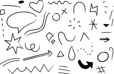 Pen liner doodle elements Handdrawn cute cartoon pencil sketches of decorative iconsketch line frames Doodle arrow, circle, oval and square shape frame
