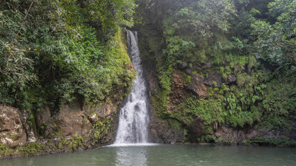 A picturesque tropical waterfall. Streams of water fall from a sheer cliff into the lake. Lush green vegetation on the slope. Mauritius. La Vallée Des Couleurs Nature Park