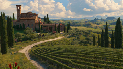 Charming Tuscan Hillside with Vineyards and Distant Villa.