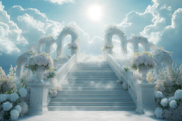 Stairway to Heaven with White Clouds, Flower Decorations, and Radiant Sunlight, Serene and Inspirational Celestial Scene