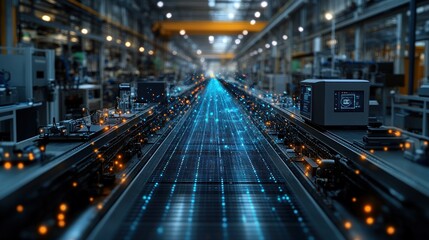 Futuristic industrial scene with digital elements on a conveyor belt.