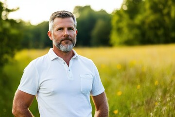 Fototapeta premium Confident middle-aged man with beard embracing nature in a serene outdoor setting