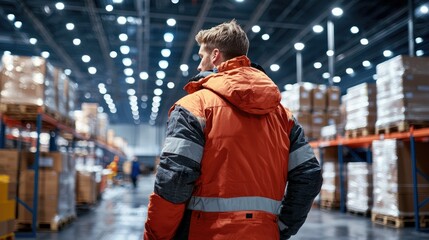 Worker in winter coat organizing inventory in warehouse environment