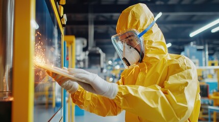 Worker in protective suit operating high-temperature equipment in industrial setting