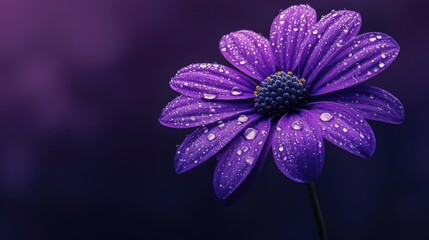 A solitary purple flower with radiant water droplets,