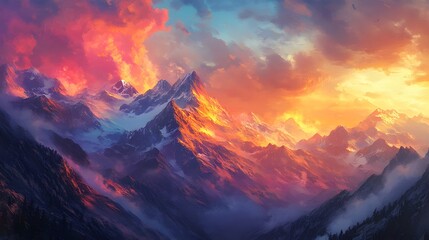 Beautiful mountainous landscape with the sunset in the background. 