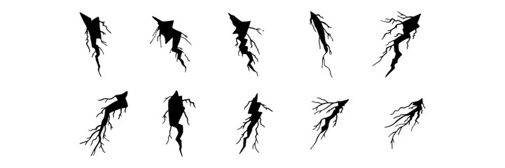 Set of black lightning bolt silhouettes with branching details, each in a unique angle. Striking, high-contrast designs perfect for electric, energy, or dramatic visual themes.