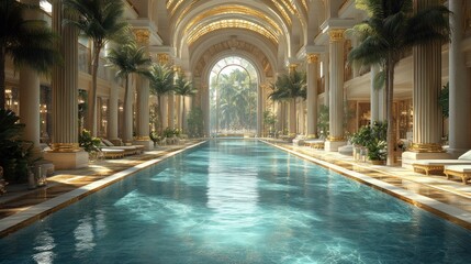 Luxurious indoor swimming pool surrounded by palm trees and architecture.