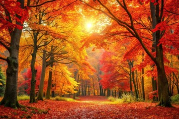 Fototapeta premium Autumn foliage in a forest with vibrant red, orange, and yellow leaves, dappled, serene, hues, change