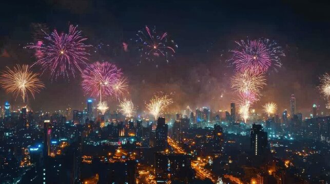 A time-lapse of fireworks filling the sky as the clock strikes midnight,