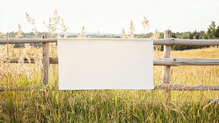 blank canvas banner is attached to rustic wooden fence in serene countryside setting, surrounded by tall grass and gentle sunlight. This peaceful scene evokes sense of tranquility and creativity