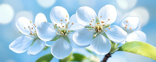 Obraz premium A close-up of delicate white flowers against a soft blue background.