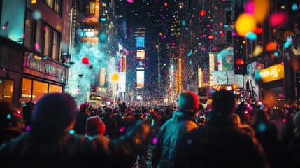 A vibrant street party with people cheering, confetti flying,